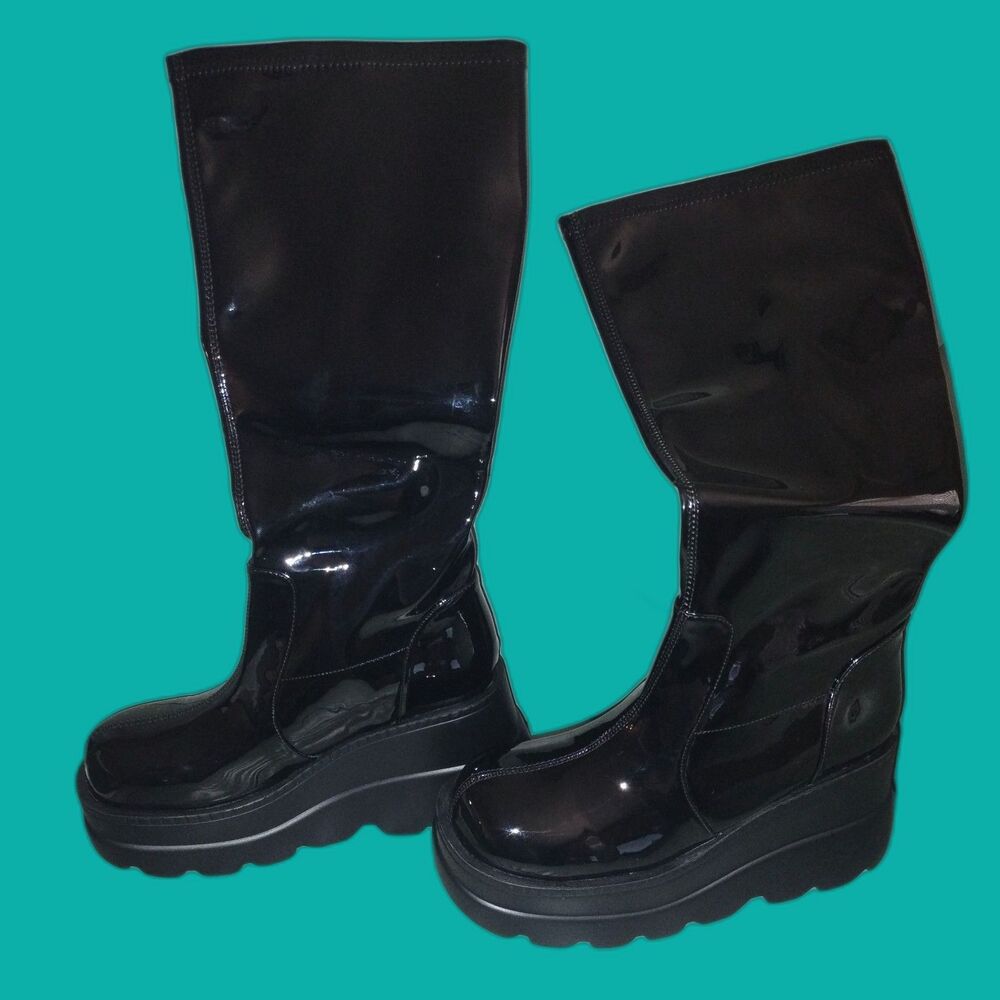 NIB Celnepho Women's Size 8 Men's Size 6.5 Goth Knee High Boots Black PU Wedge